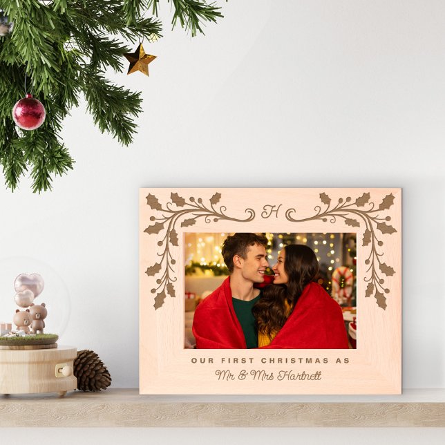 Monogram Holly Frame First Christmas as Mr & Mrs (Creator Uploaded)
