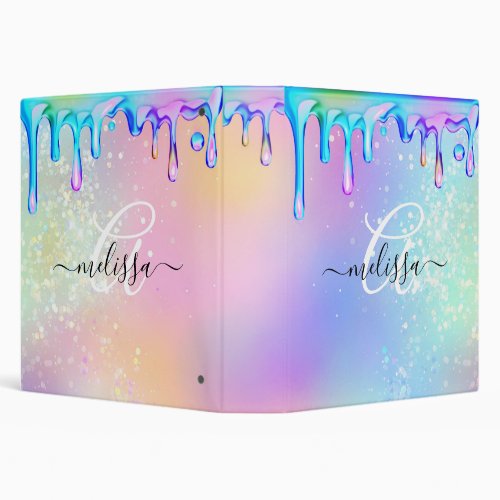 Monogram Holographic Glitter and  Drips Iridescent 3 Ring Binder