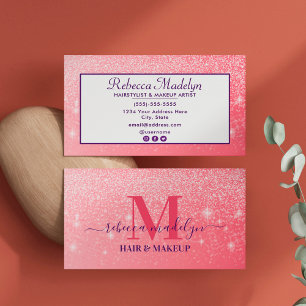 Monogram Holographic Signature Script Pink Glitter Business Card