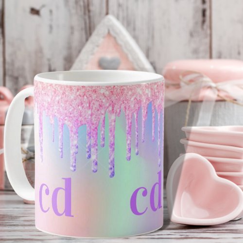 Monogram holographic unicorn glitter drip rainbow coffee mug