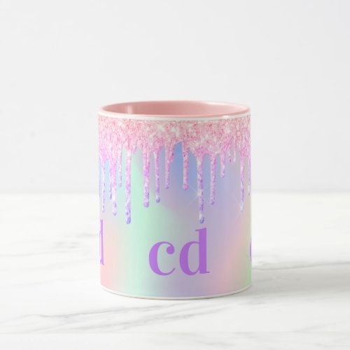 Monogram holographic unicorn glitter drip rainbow mug