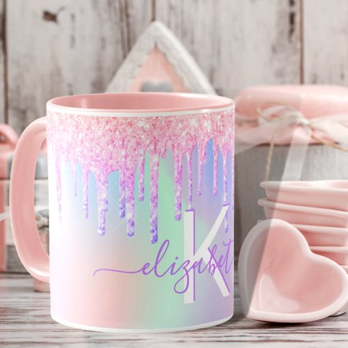 Monogram holographic unicorn glitter rainbow name mug