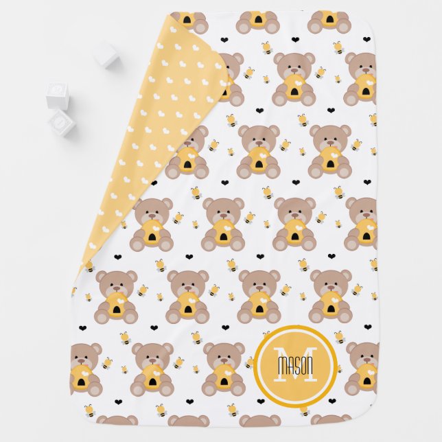 Monogram Honey Bee Bear Baby Blanket with Name (In Situ)