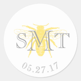 Monogram Honeybee Favor Sticker- Gray and Yellow Classic Round Sticker