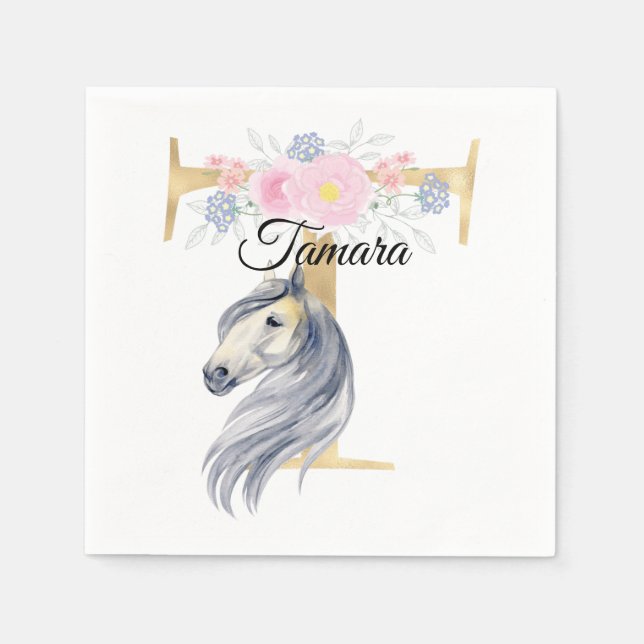 Monogram horse add name customizeable girly floral napkins (Front)