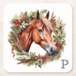 Monogram Horse Christmas Holiday Wreath Square Paper Coaster