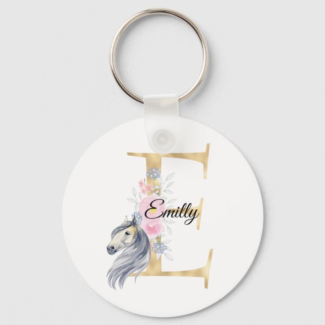 Monogram horse cute floral girly equestrian name   keychain (Front)