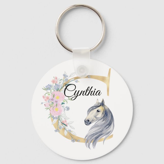 Monogram horse cute floral girly equestrian name   keychain (Front)