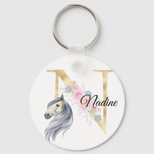 Monogram horse cute floral girly equestrian name keychain