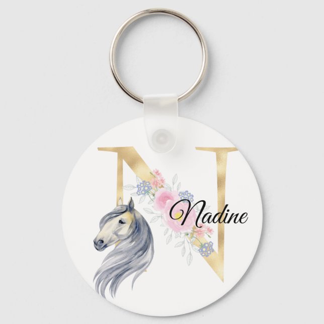 Monogram horse cute floral girly equestrian name   keychain (Front)