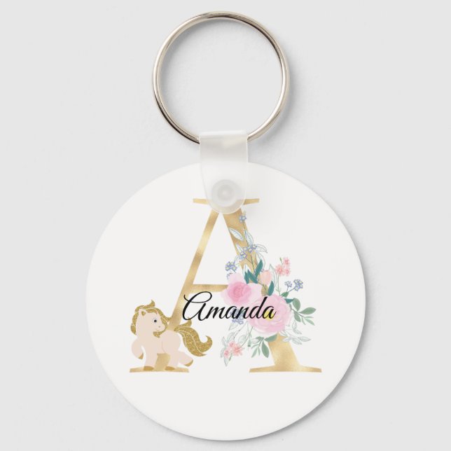 Monogram horse cute floral girly equestrian name   keychain (Front)