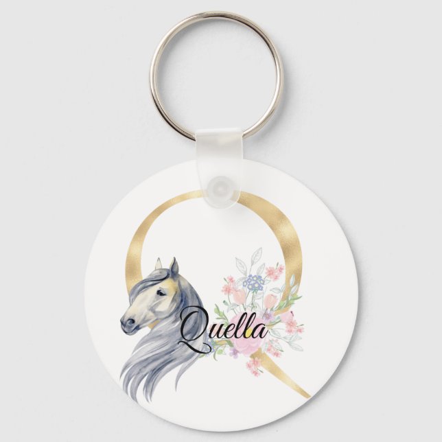 Monogram horse cute floral girly equestrian name   keychain (Front)