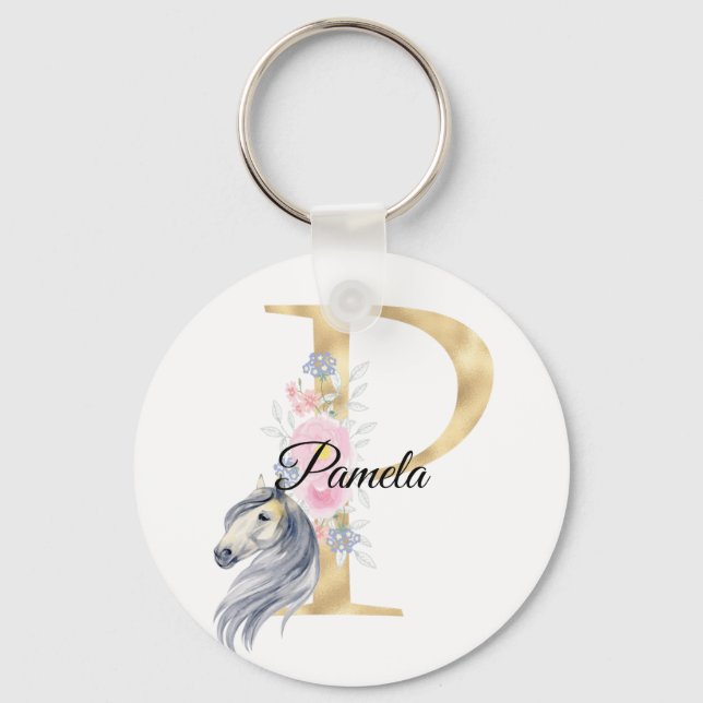 Monogram horse cute floral girly equestrian name   keychain (Front)