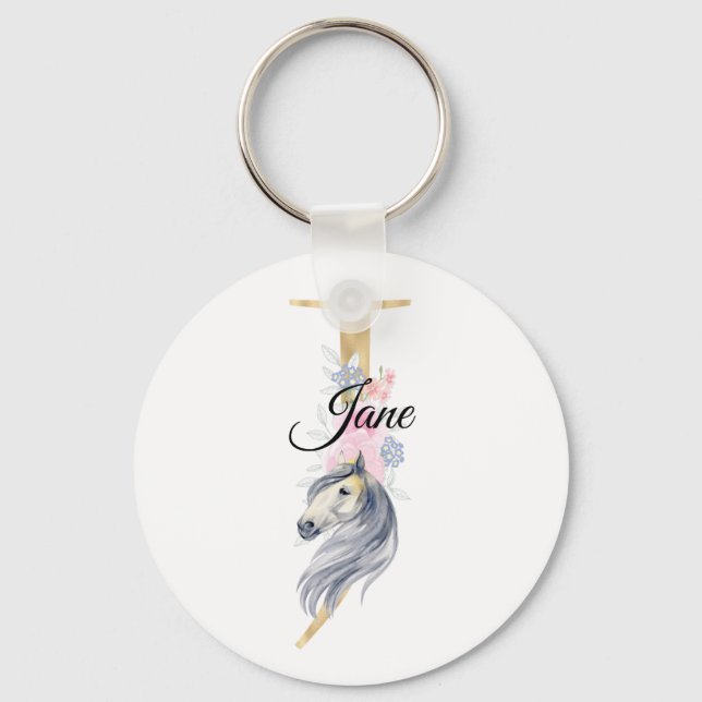 Monogram horse cute floral girly equestrian name   keychain (Front)