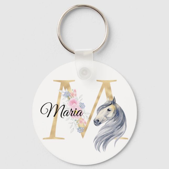 Monogram horse cute floral girly equestrian name   keychain (Front)