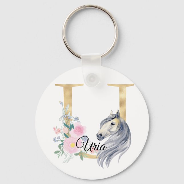 Monogram horse cute floral girly equestrian name l keychain (Front)