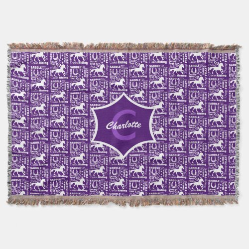 Monogram Horse Riding Cute Girly Purple White Throw Blanket