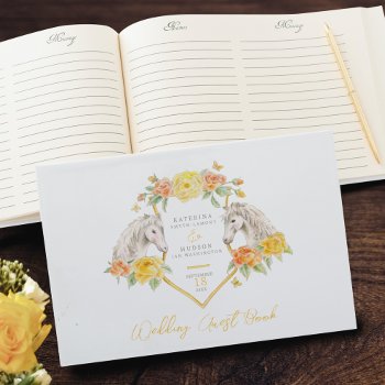 Monogram Horses And Roses Watercolor Art Wedding Guest Book by mylittleedenweddings at Zazzle