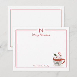 Monogram Hot Cocoa Red Border Christmas Stationery Note Card