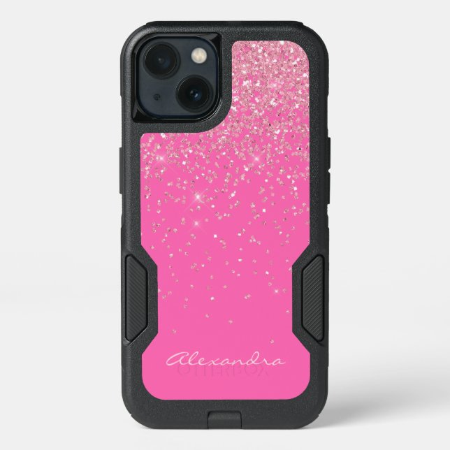 Monogram Hot Pink and Glitter Sparkle Otterbox iPhone Case (Back)