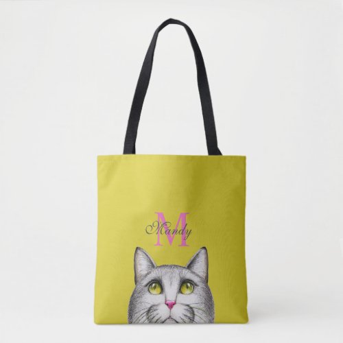 Monogram Hot Pink And Gray Illustrated Cat Face Tote Bag
