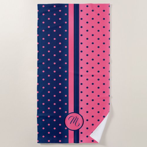 Monogram Hot Pink and Navy Polka Dot Pattern Beach Towel