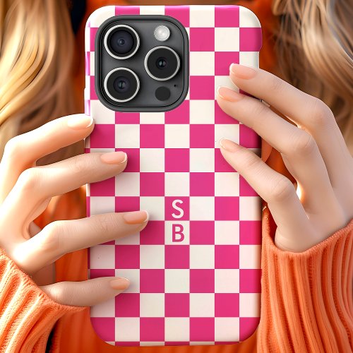 Monogram Hot Pink And White Checkerboard Pattern iPhone 15 Case