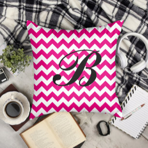 Monogram Hot Pink and White Chevron Throw Pillow