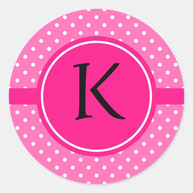 Monogram Hot Pink and White Polka Dot Pattern Classic Round Sticker (Front)