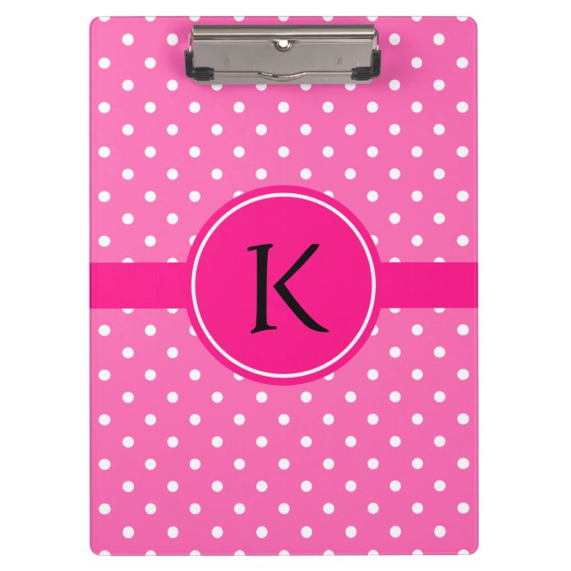 Monogram Hot Pink and White Polka Dot Pattern Clipboard (Front)