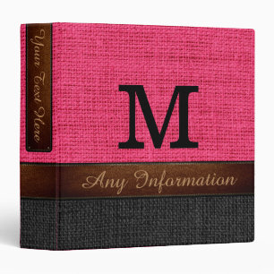 Monogram Hot Pink & Black Burlap Rustic Jute Binder