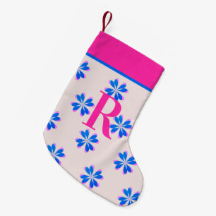Monogram Hot Pink Blue Retro Flower Christmas Small Christmas Stocking