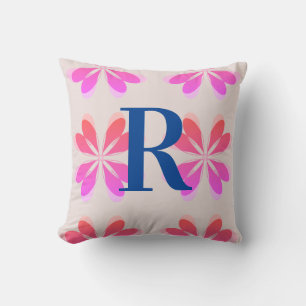 Monogram Hot Pink Bright Orange Retro Flower Throw Pillow