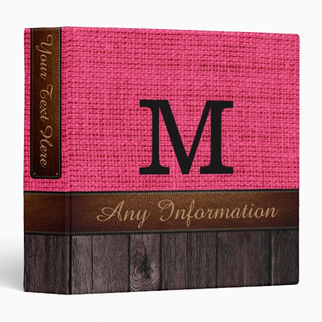 Monogram Hot Pink Burlap Rustic Jute Look Wood 3 Ring Binder (Front/Spine)