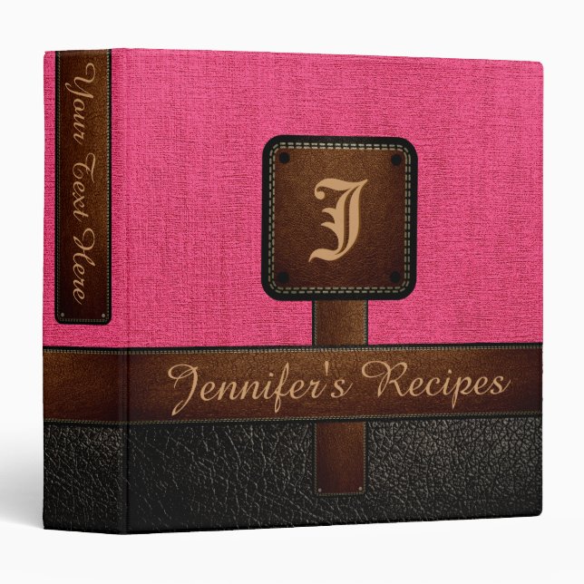 Monogram Hot Pink Burlap Rustic Leather Look Binder (Front/Spine)
