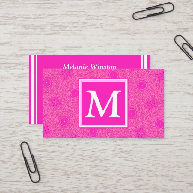 Monogram hot pink circles pattern business card (Front/Back In Situ)