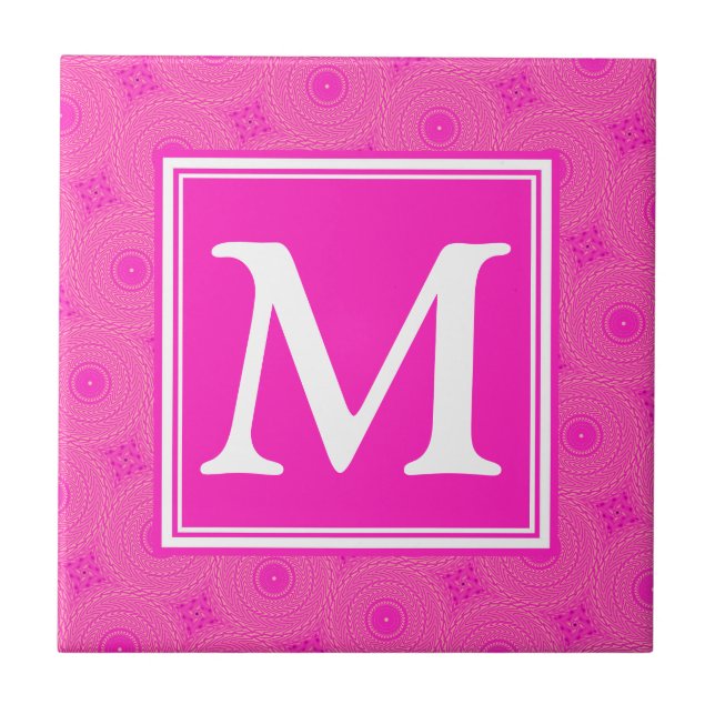Monogram hot pink circles pattern ceramic tile (Front)