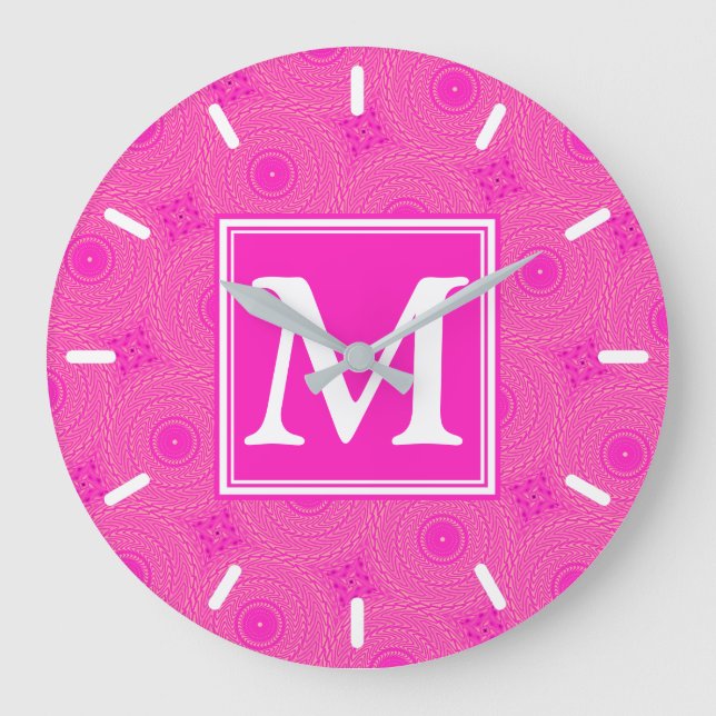 Monogram hot pink circles pattern large clock (Front)