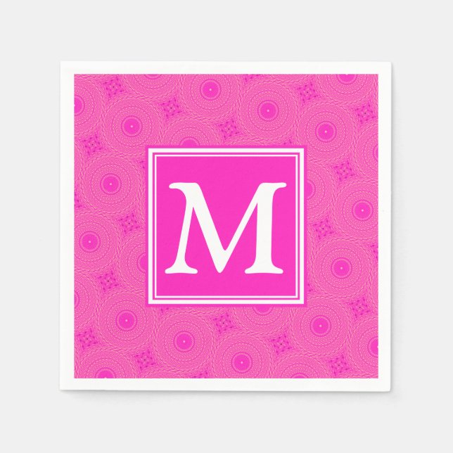 Monogram hot pink circles pattern paper napkins (Front)