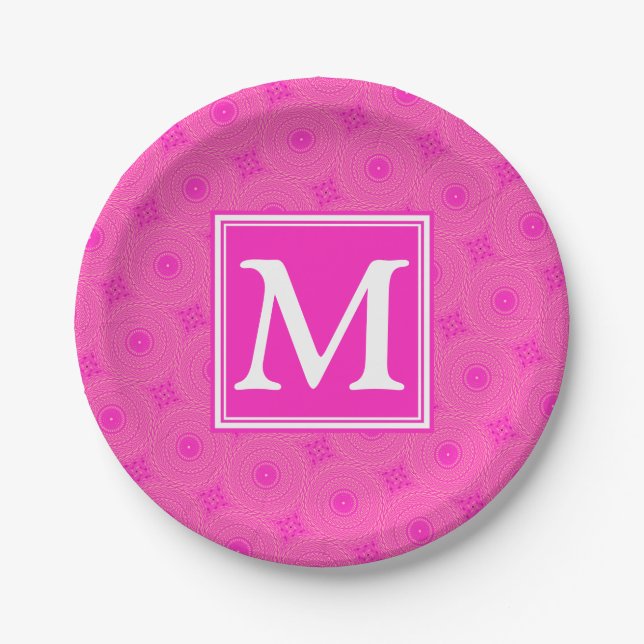 Monogram hot pink circles pattern paper plates (Front)