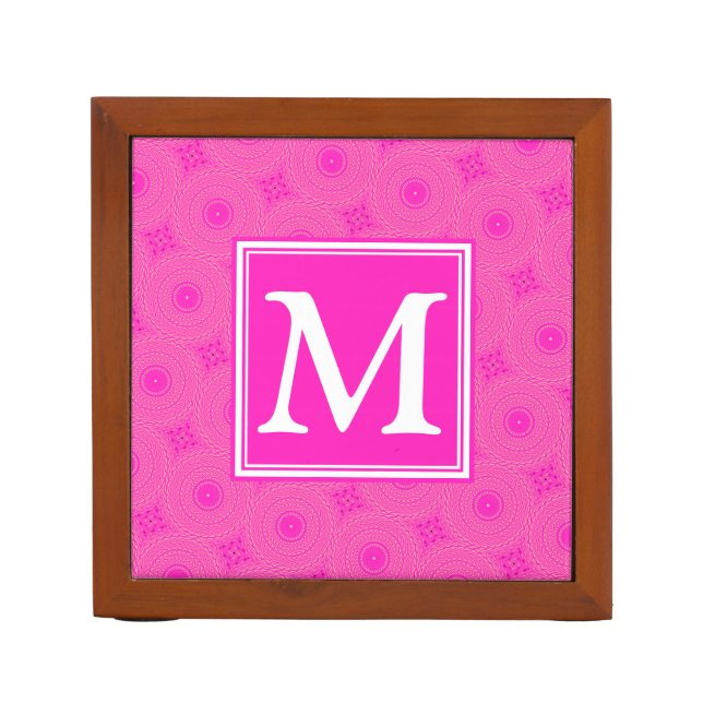 Monogram hot pink circles pattern pencil holder (Front)