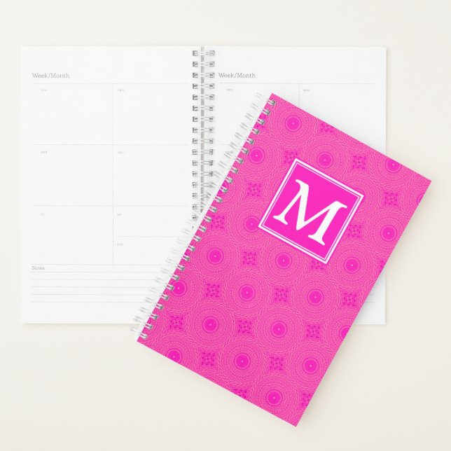 Monogram hot pink circles pattern planner (Display)