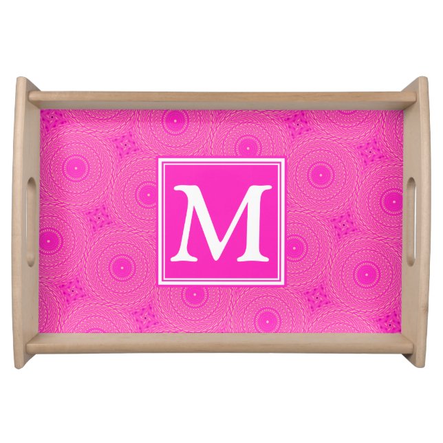 Monogram hot pink circles pattern serving tray (Front)