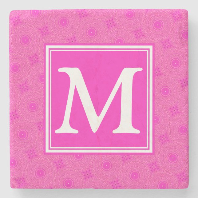 Monogram hot pink circles pattern stone coaster (Front)