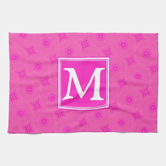 Monogram hot pink circles pattern towel (Horizontal)