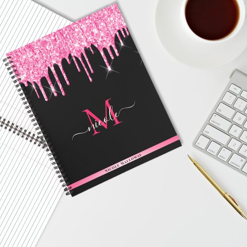 Monogram Hot Pink Dripping Glitter Black Notebook