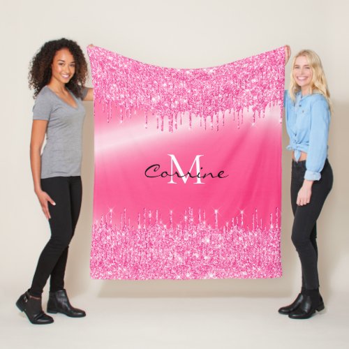 Monogram Hot Pink Dripping Glitter Metallic Name Fleece Blanket