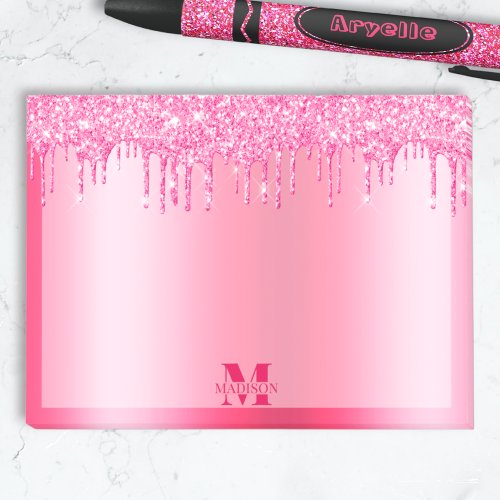 Monogram Hot Pink Dripping Glitter Metallic Post_it Notes