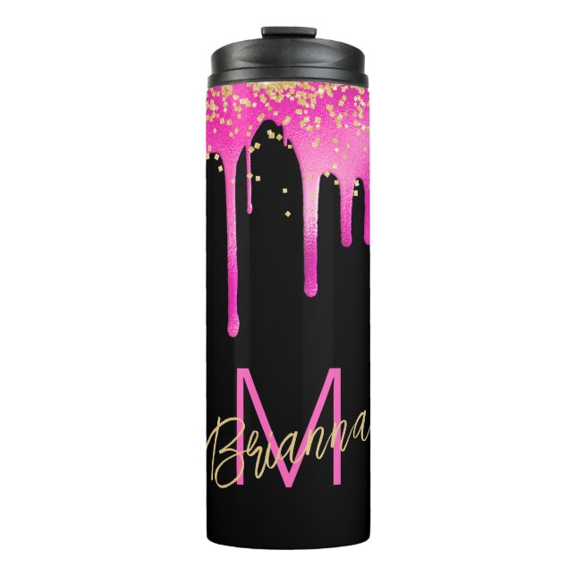 Monogram Hot Pink Drips Modern Personalized Thermal Tumbler (Front)