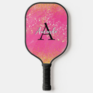 Monogram Hot Pink Glitter Add Your Name + Initial Pickleball Paddle